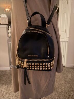 Michael Kors Black Leather Mini Backpack with Gold Studs